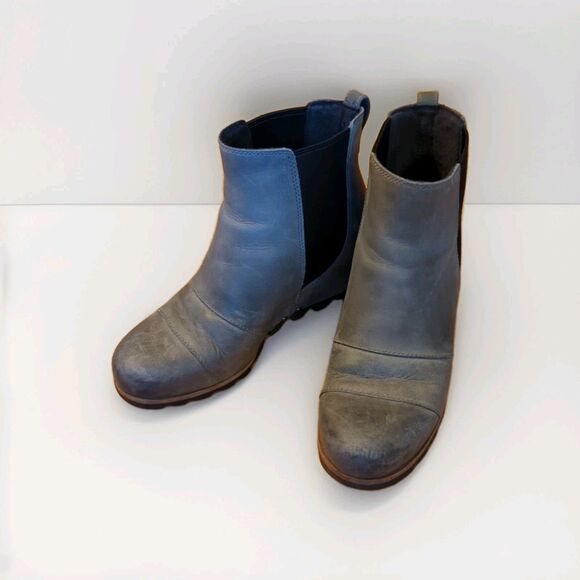 Sorel Lea Wedge Ankle Boots Womens 7 Gray Leather Slip On Waterproof Heel - Picture 1 of 7